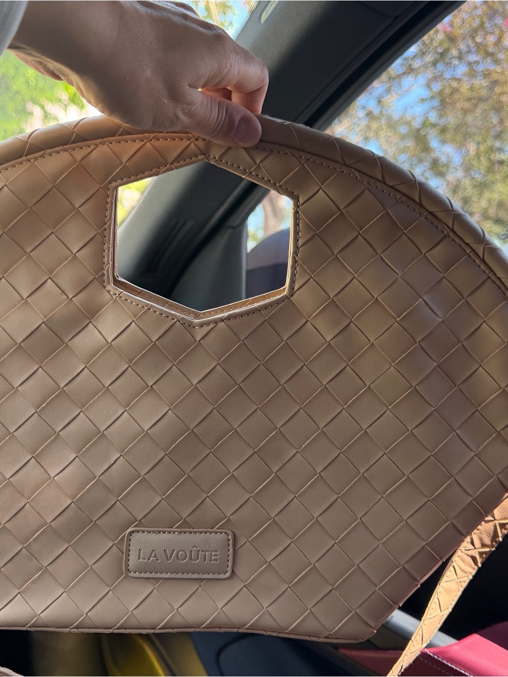 Tan Woven Handle Tote Bag
